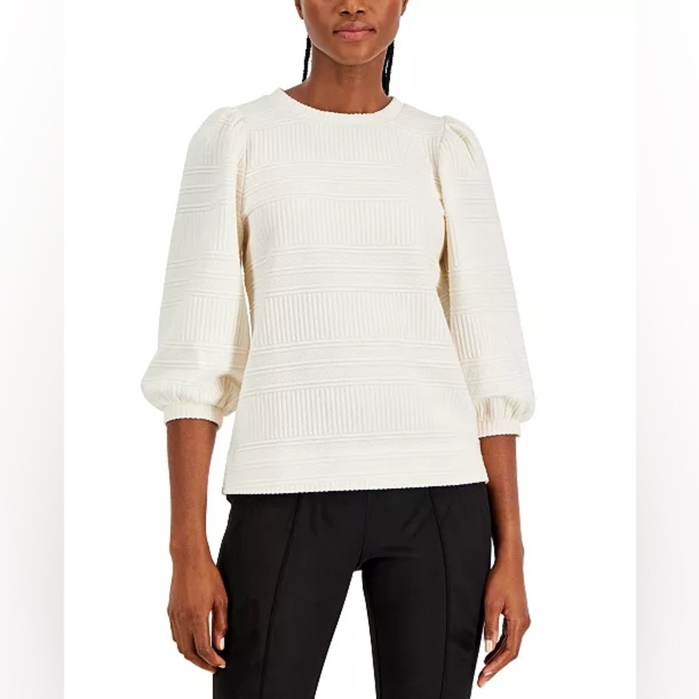 Anne Klein White Ribbed Crew Neck Sweater